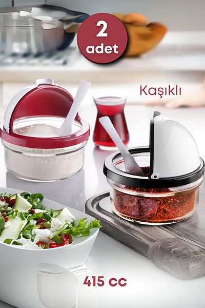 GRİMOR Life 2 Pieces Glass Sugar Bowl with Plastic Lid and Spoon Salt Bowl Pepper Bowl Spice Bowl Set - Spice Set