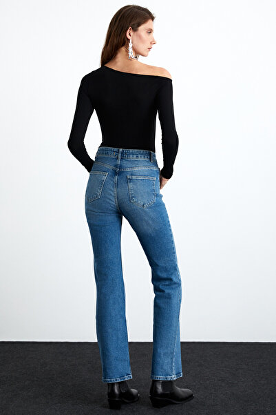 GRIMELANGE Emely Women's Viscose Lycra Boat Neck Single Shoulder Low-Cut Black Blouse