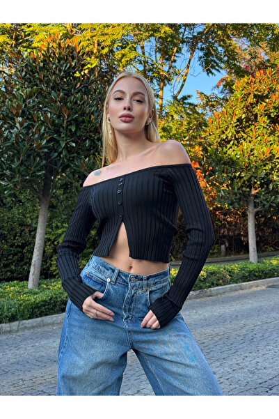 Zechka Γυναικείο πλεκτό πουλόβερ με λεπτομέρεια με κουμπιά σε μαύρο χρώμα (ZCKTY034)