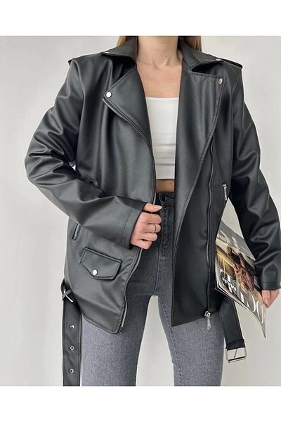 MEYASU Women's Large Size Black Belted Long Leather Jacket