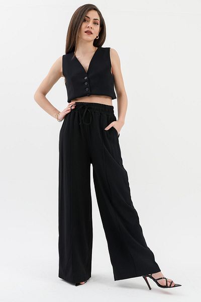 VAPUR TEKSTİL Polyviscose Trousers with Elastic Waist Pockets - Black