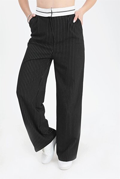 VAPUR TEKSTİL Trousers Palazzo Garni Belted Pinstripe - Black