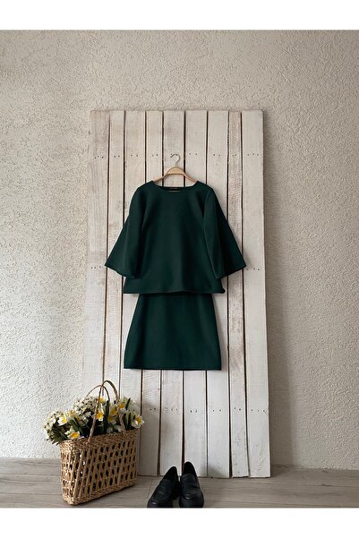 KÜÇÜĞÜM BUTİK Emerald Green Short Stamp Blouse-Skirt Set (Bluz-Skirt)