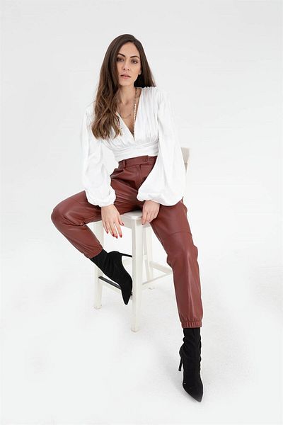 VAPUR Women's Leather Trousers with Elastic Waist and Leg Legs - Claret Red