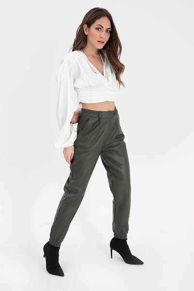 VAPUR Women's Leather Trousers with Elastic Waist and Leg Legs - Khaki