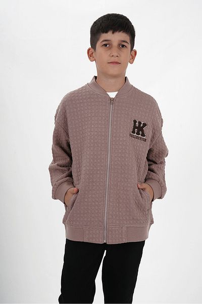HayKids Boy's Two Thread Fabric Square Patterned Zippered V-Neck Cardigan |   11-15 Years