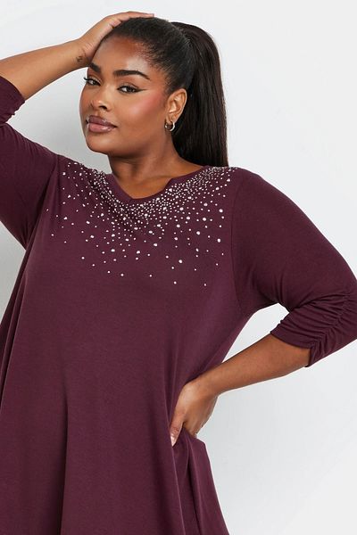 Stil Diva Plus Size V-Neck Jewelled Embroidered Sleeve Gathered Blouse 322227