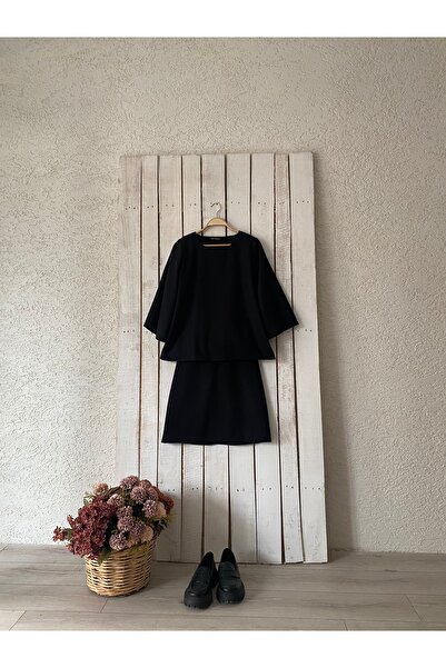 KÜÇÜĞÜM BUTİK Black Short Stamp Blouse-Skirt Set (Bluz-Skirt)