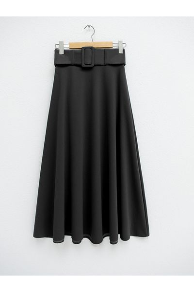 Modamorfo Loose Kilos Imported Crepe Skirt with Thick Belt - Black