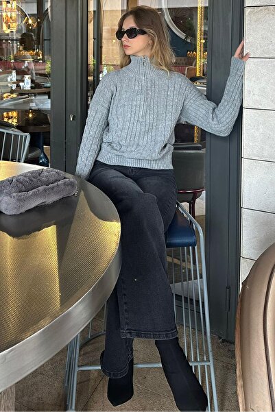 Madmext Gri Dik Yaka Fermuar Detaylı Örme Kazak MG2229