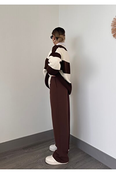 Lovinnes Yüksel Bel Pileli Kahverengi Palazzo Kumaş Pantolon