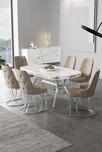 Canisa Epal Serisi 90x168 Lak Panel Beyaz Mermer Desen Masa Takımı Krom Ayakl...