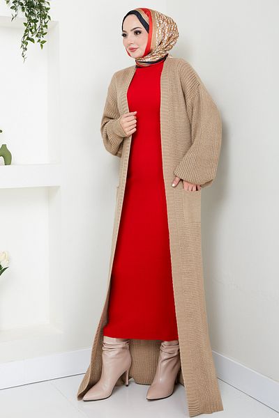 ModaMerve Vision and Red Cardigan Knitwear Dress Combination - 2121Hbs932-M