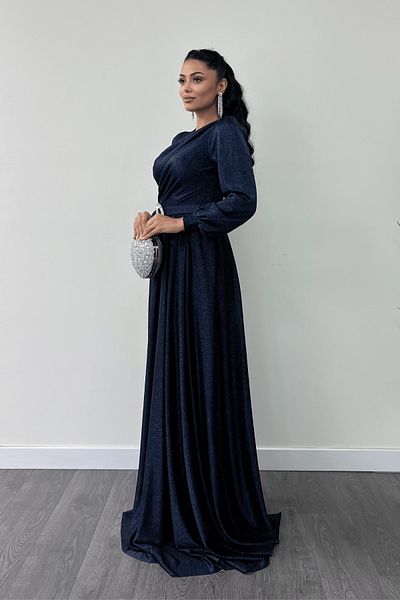giyimmasalı Glittery Tulle Fabric Gather Detailed Evening Dress - Navy Blue