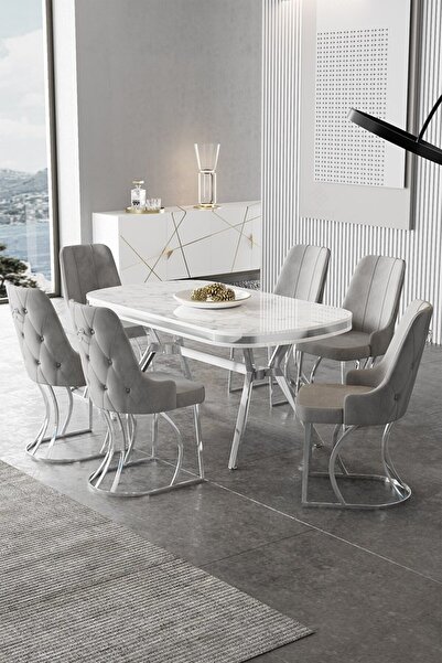 Canisa Epal Serisi 90x168 Lak Panel Beyaz Mermer Desen Masa Takımı Krom Ayakl...