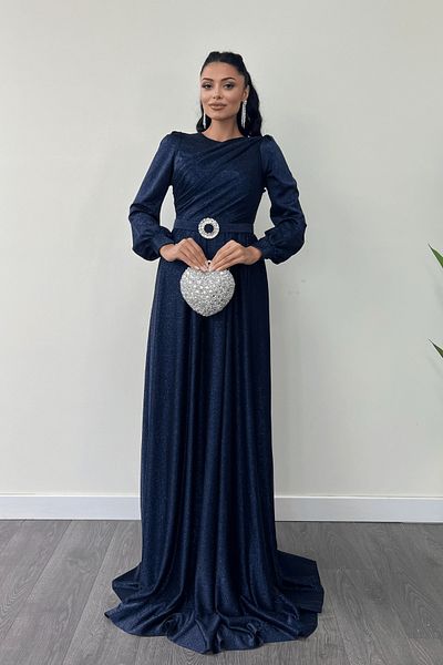 giyimmasalı Glittery Tulle Fabric Gather Detailed Evening Dress - Navy Blue