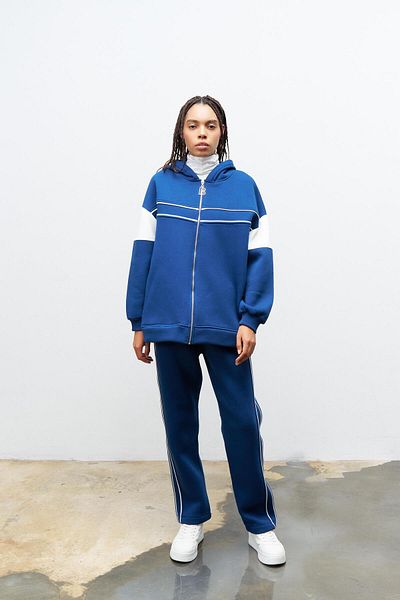 Basicpark Navy Blue Women's Zippered Line Piping Detailed Hooded Fleece Bottom Top Suit