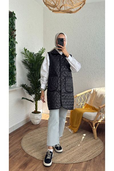 Güba Ticaret Women's Shirt Collar Heart Pattern Quilted Vest