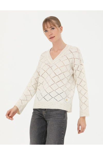 Pierre Cardin Krem Comfort Fit V Yaka Kazak 50280228-VR071