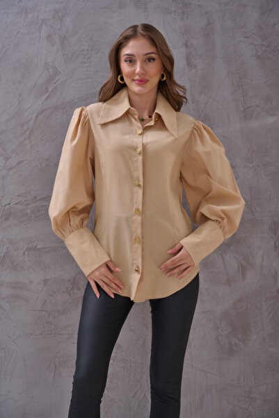 SHUGAA Kadın Gold Düğme Detaylı Poplin Gömlek