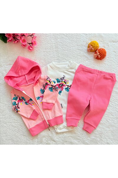 VİŞNE BEBE Pink Flower Patterned Cardigan 3-Piece Baby Set