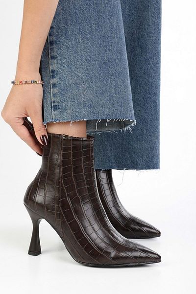 Shoeberry Women's Zian Brown Crocodile Patterned Heeled Boots