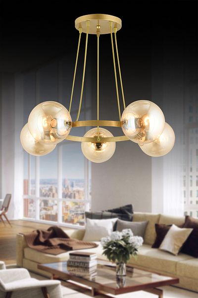 SONSUZ AYDINLATMA&AVİZE Infinite Antique 5-Piece Ring Honey Globe Glass Modern Chandelier