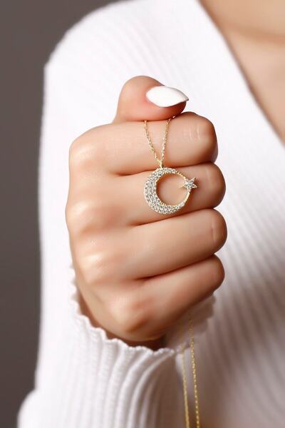 SARIASLAN Kadın 3 Renk Ay Yıldız Gümüş Kolye