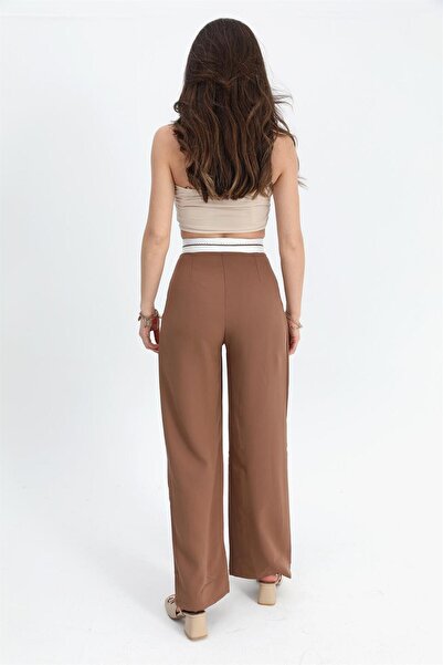 VAPUR TEKSTİL Tan Atlas Fabric Palazzo Trousers with Garni and Belt