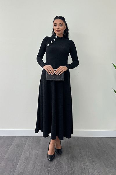 giyimmasalı Shimmering Crepe Fabric Button Detailed Midi Dress - Black