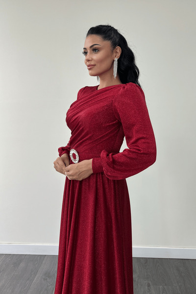 giyimmasalı Simli Tül Kumaş Büzgü Detaylı Abiye Elbise - KIRMIZI