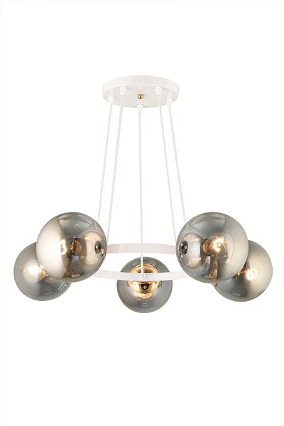 SONSUZ AYDINLATMA&AVİZE Kardelen White 5-Piece Ring Smoked Globe Glass Modern Chandelier