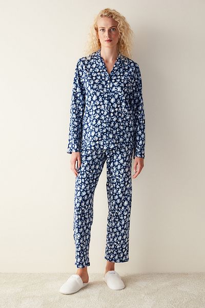 Penti Leopard Printed Long Sleeve Navy Blue Shirt Pajama Set