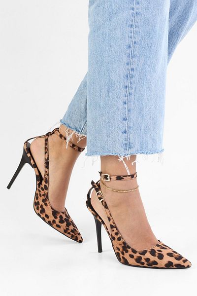 Shoeberry Damen Mila Leopard Satin Gürtel Knöchelriemen Stiletto