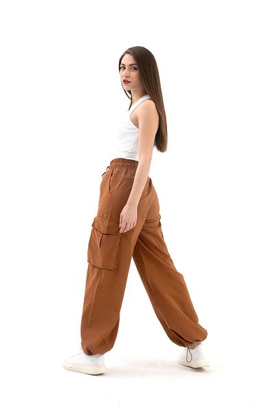 VAPUR TEKSTİL Camel Parachute Fabric Trousers with High Waist and Elastic Legs