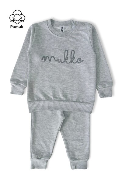 difa kids Mukko Nakış Tasarım Mevsimlik Gri Melanj Unisex Erkek Kız Bebek Alt...