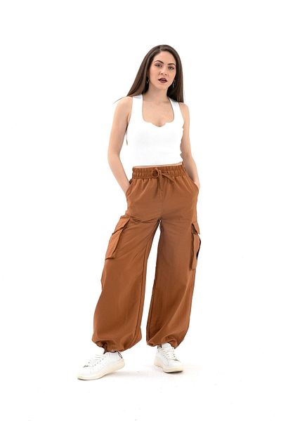 VAPUR TEKSTİL Camel Parachute Fabric Trousers with High Waist and Elastic Legs