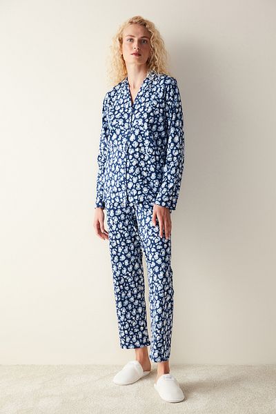 Penti Leopard Printed Long Sleeve Navy Blue Shirt Pajama Set