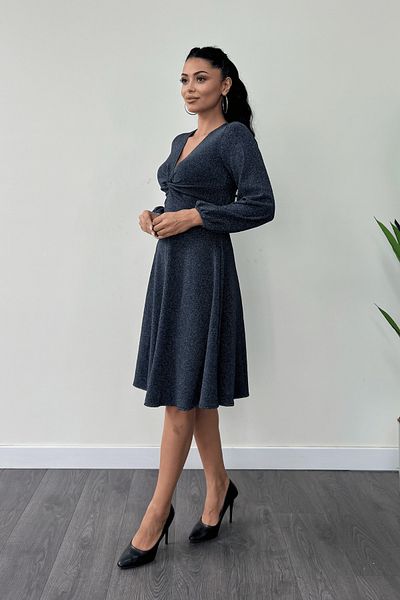 giyimmasalı Shimmering Crepe Fabric Midi Dress with Twist Detail - Dark Blue