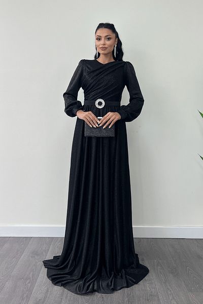 giyimmasalı Glittery Tulle Fabric Gather Detailed Evening Dress - Black