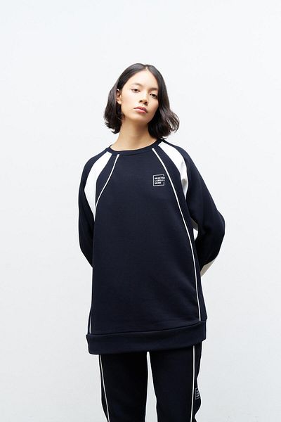 Basicpark Navy Blue Women's Raised Print Detailed Crew Neck Comfortable Cut Oversize Fit Bottom Top Set