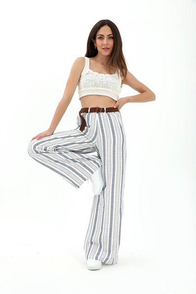 VAPUR Navy Blue Striped Straw Belt Trousers