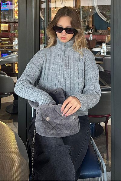 Madmext Gray Stand Collar Zipper Detailed Knitted Sweater Mg2229