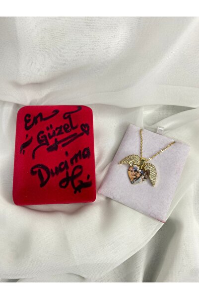 Çelik Çelik Melek Kanadı Kalpli Resimli Kolye - Özel Kadife Kutulu Hediye