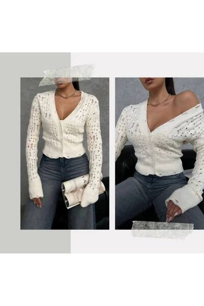 navan design orijinal marka v yaka yırtık detay hırka ekru