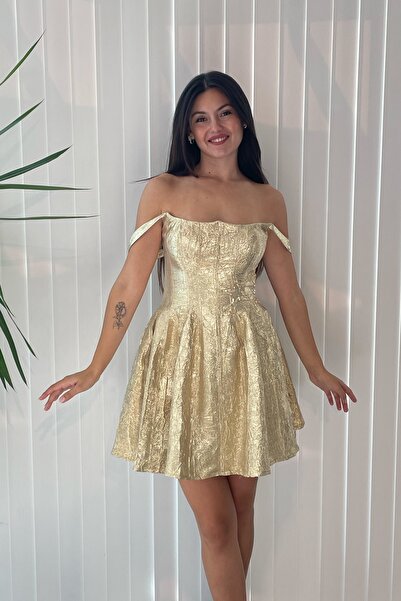 Always Dress Gold Kısa Yıldız İşleme Detaylı Elbise