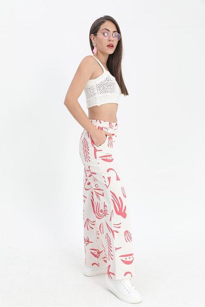VAPUR Powder Colored Printed Linen Wide Leg Trousers