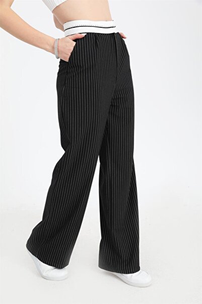 VAPUR TEKSTİL Trousers Palazzo Garni Belted Pinstripe - Black