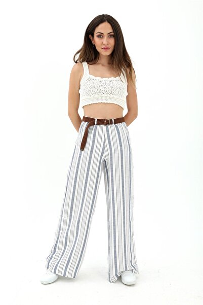 VAPUR Hasır Kemer Çizgili Pantolon - Lacivert