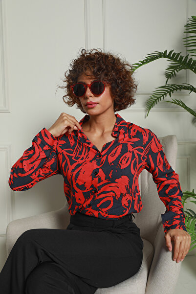 Butik Nuevoo Kadın Kırmızı Desenli Viskon Gömlek